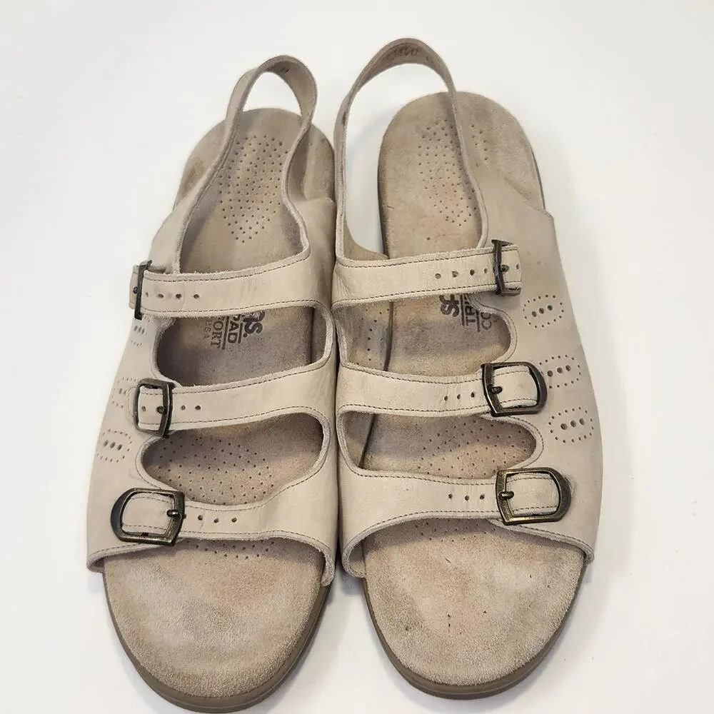 SAS Women Trio II Tripad Cream Leather Wedge Sandals Size 10M Three Strap Buckle